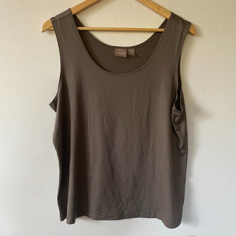 Chicos Slinky Knit Tank Top Womens XL Sleeveless Blouse Gray Brown Scoop Neck